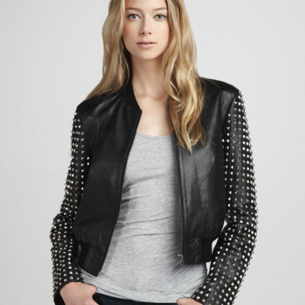 French Connection 100% Leather Bomber Jacket Stud Sleeve